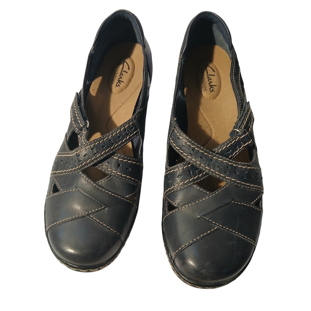 Clarks Bendables Womens Navy Blue Leather Strappy Cutout‎ Loafers Shoes 8.5M